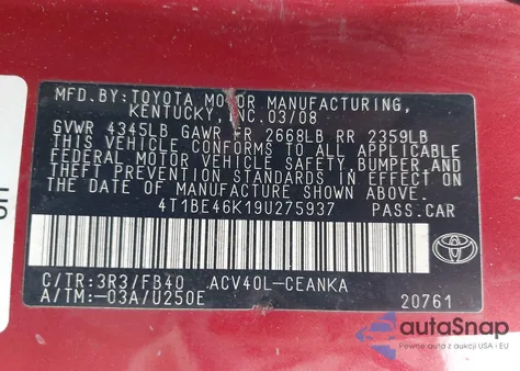 2009 Toyota Camry Le из США, поврежденный, VIN 4T1BE46K19U275937